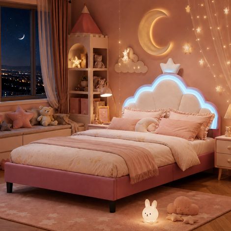 Lit 140 x 200 cm,lit Princesse avec LED et sommier à Lattes, lit Fille avec Tête Lits rembourrée réglable Design Forme Couronne pour Enfants et Adolescents, Velours, 2 Places,Rose