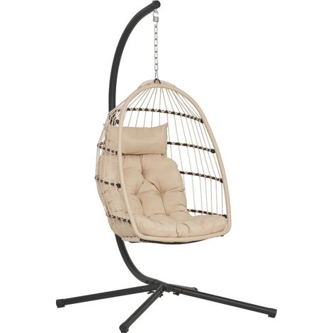 Petra Hängestuhl inkl. Kissen zusammenklappbarer Korb beige, grau, schwarz.
