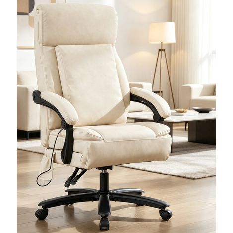fauteuil de bureau crème en cuir pu ergonomique inclinable 90 à 135 degrés coussin 180 pliable repose jambes multi angles chaise pivotante confortable (1/5)