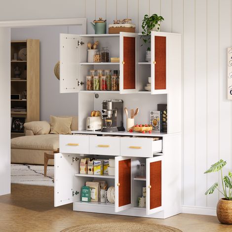 Buffet haut de cuisine 6 portes 3 tiroirs, LED + prise, MDF 105×43×182 cm, Marron/Blanc – Meuble rangement cuisine (1/5)