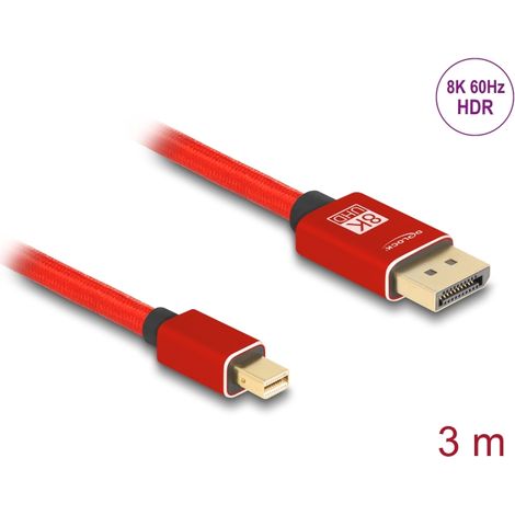 Delock Cable mini DisplayPort a DisplayPort 8K 60 Hz 3 m rojo metal sin pestillo