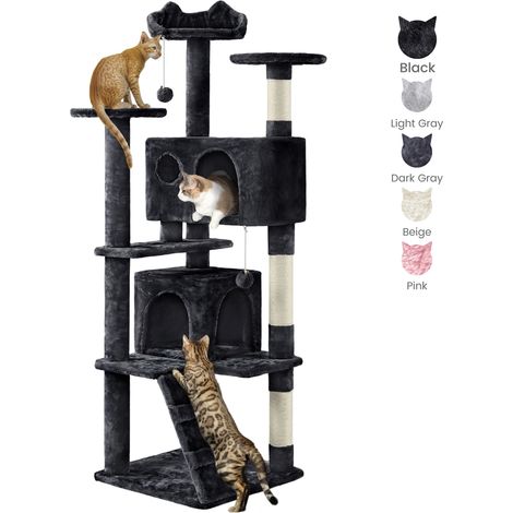 Yaheetech Albero Tiragraffi per Gatti in Sisal e Truciolato 49 cm × 49 cm × 158 cm Torre con Posatoio Condominio Gioco Nera