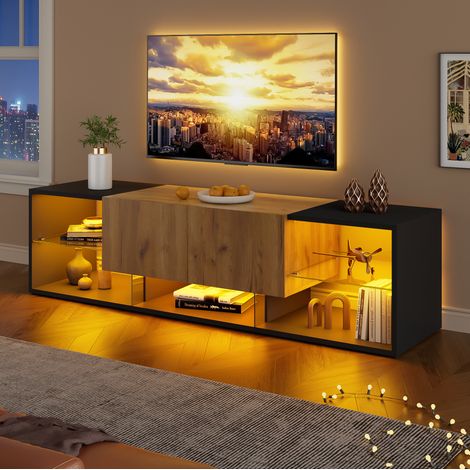 Meuble TV 160x40x42 cm noir et naturel en panneau de particules avec LED, 2 tiroirs et rangement (1/4)