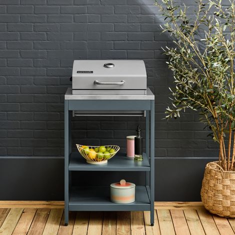 Barbecue grill charbon de bois bleu gris Naxos grille chromée 2 étagères