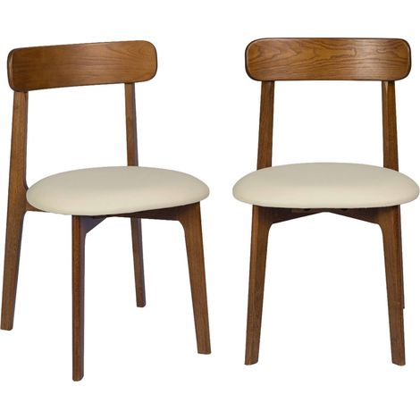 sweeek - 2er-Set Vintage-Stühle aus Heveaholz und Kunstleder Nussbaumfarben / Beige (1/5)