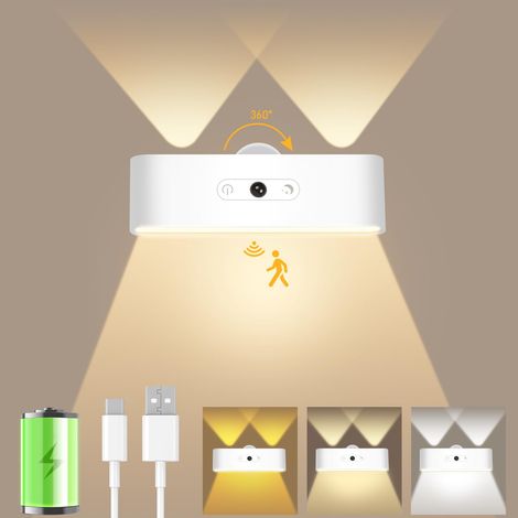 1 applique murale d'intérieur à batterie avec détecteur de mouvement, applique murale LED sans fil avec 3 modes de couleur et intensité variable, batterie rechargeable de 3600 mAh, applique [Classe én