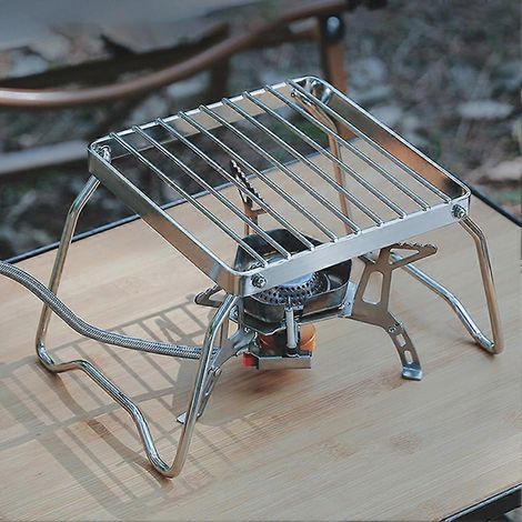 Mini grille de cuisson portable en acier inoxydable pour le camping et les pique-niques, 16 x 17 cm, pouvant accueillir casseroles et poêles. (1/4)