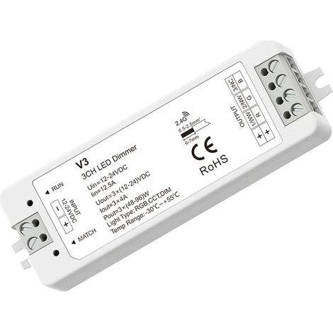 Contrôleur d'éclairage monochrome CCT RGB 12-24V DC 3 canaux pour bandeaux LED, variation de couleur et intensité, installation murale