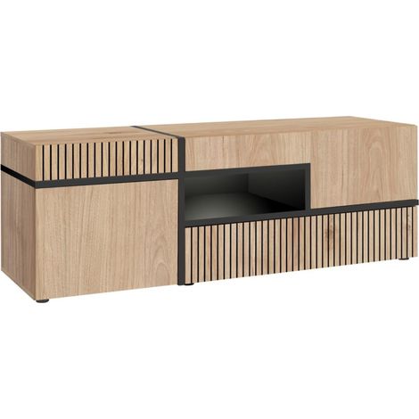 Möbel TV CRISS – 2 Türen, 1 Schublade, LED – Helles Eichenholz und Schwarz