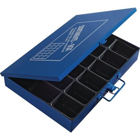 Boîte de rangement en tôle d'acier bleu – 18 compartiments – L330xP240xH50mm – Poignée et languette de fermeture solide