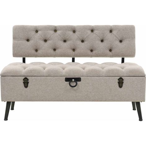 Banc de rangement avec dossier meuble d'entrée en tissu et pieds métal crème 110 cm (1/5)