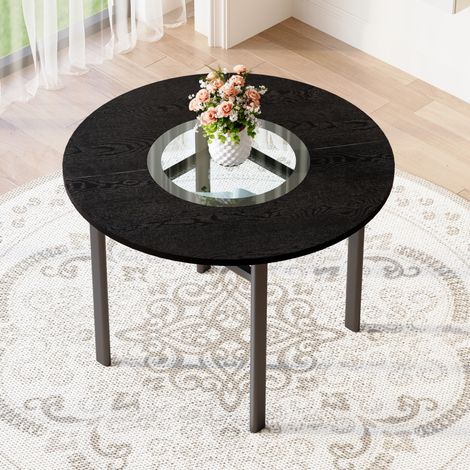 Tavolo da pranzo rotondo Ø 100 cm nero con inserto in vetro e ripiano (1/5)