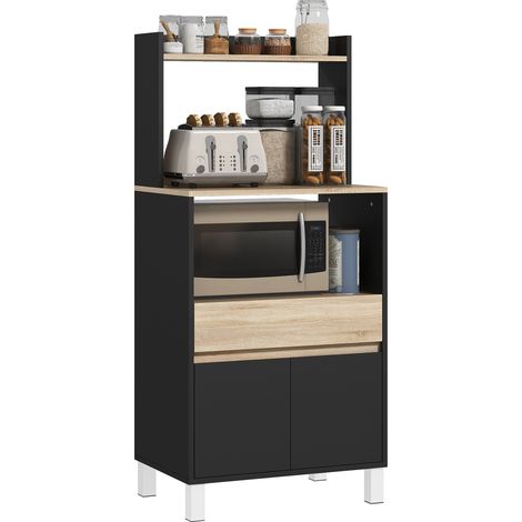 Mobile per microonde, credenza da cucina con armadietto, cassetto e ripiano superiore, 60 x 40 x 131 cm, rovere e nero