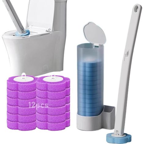 Juego de cepillos desechables para inodoro, cepillo de limpieza para baño con base blanca (cepillo + 12 cabezales de cepillo color lavanda)