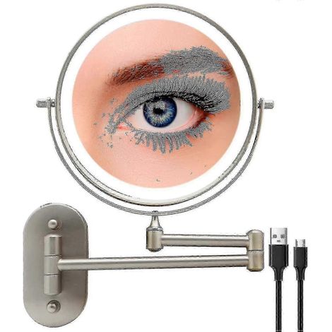 Miroir de maquillage lumineux rechargeable, fixation murale, miroir de coiffeuse double face extensible avec grossissement x10, miroir grossissant LED de 20 cm (8 pouces) avec 3 couleurs