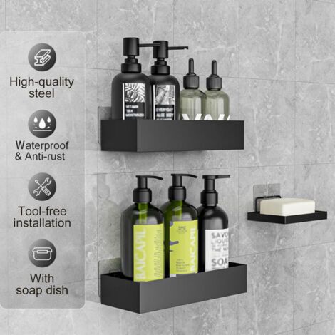 Étagère Douche Sans Percage - 3 Pièces Etagere Douche avec Porte Savon Douche, Porte Shampoing Accessoire Douche Noir (1/2)