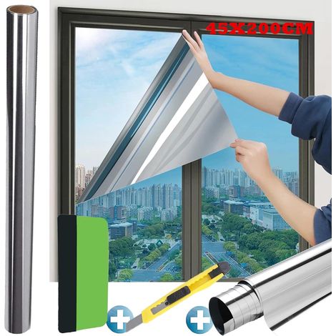Mirror Window Film, Tain-Free Anti-UV Anti-Glare Anti-Heat Protection 99% Privacy for Windows, Home, Office, Shop, Privacy Protection (45 x 200 cm) (1/5)