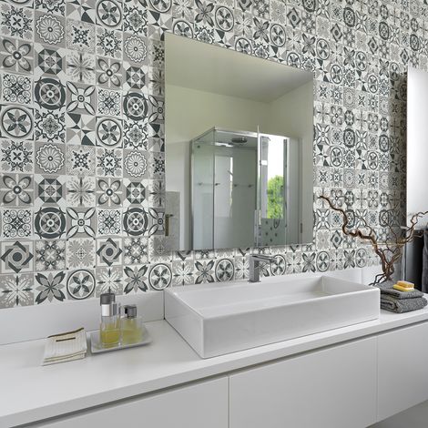 Sticker Mural Carrelage adhésif Cuisine Salle de Bain - 30 STICKERS CARREAUX DE CIMENT AZULEJOS JUONAS - 30stickers20x20cm (1/5)