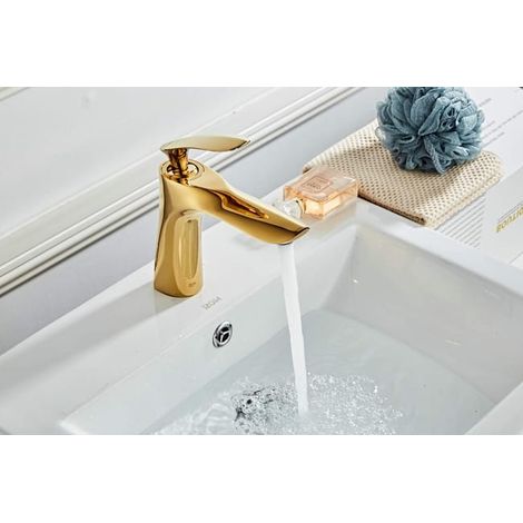 Grifo de lavabo de baño, grifo mezclador de latón, acabado cromado dorado, grifo mezclador con lavabo (1/4)