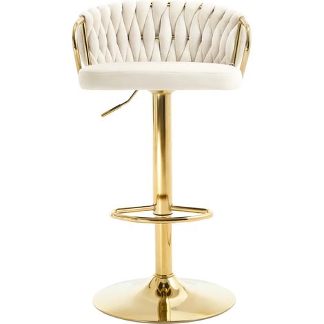 Tabouret de bar réglable en velours crème avec dossier et repose-pieds (1/5)