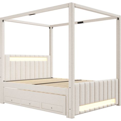 Letto a baldacchino imbottito 140 x 200 cm con letto estraibile, 3 cassetti e LED Beige (1/5)