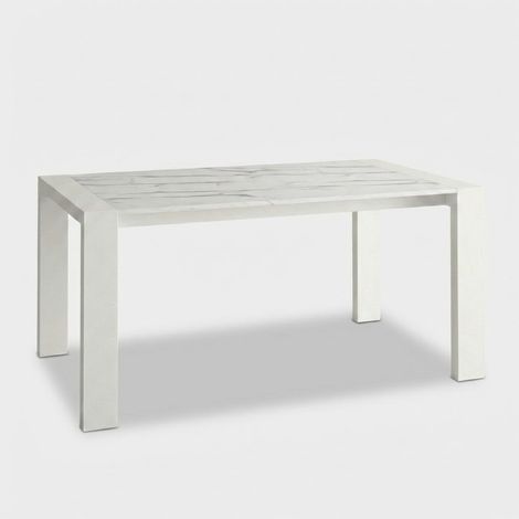 Table à manger extensible 8 places pieds blancs 140/195x90 Pesaro - Effet marbre blanc