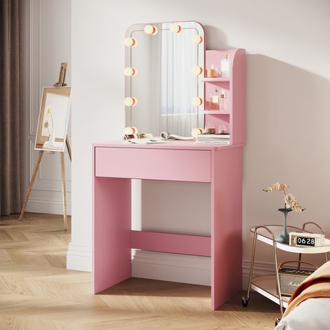 SIRHONA Meubles de Chambre Coiffeuse, Coiffeuse Moderne avec Miroir, Coiffeuse avec 1 tiroir et 3 Compartiments Ouverts, couleur Rose + 10 Ampoules LED (3 couleurs) (1/5)