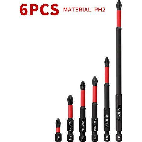6 pièces embouts de vis à percussion rouges haute résistance en acier S2, compatible avec tournevis électriques, tête cruciforme PH2 (1/5)
