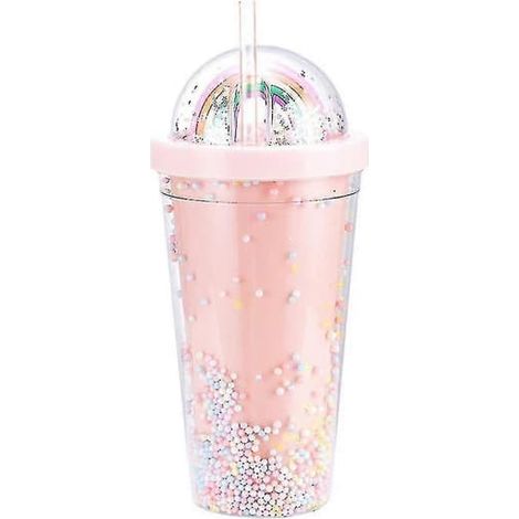 Bouteille d'eau en plastique de 552 ml aux couleurs de l'arc-en-ciel, décorée de doubles couches de paillettes, avec paille. (1/3)