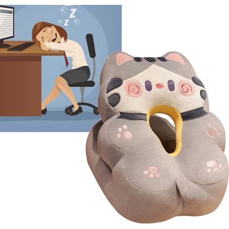 V-förmiges Schlafkissen aus Eisseide, praktisches Accessoire für ein Nickerchen, niedliches Tier-Schlafkissen, ideal für Büroangestellte und Studenten, graue Katze (1/5)