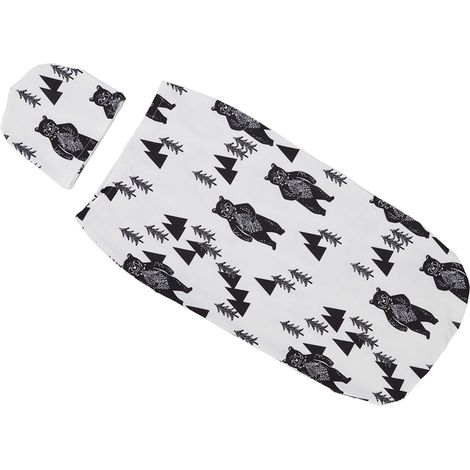 Ensemble de couverture et bonnet d'emmaillotage doux et élastique anti-frisson pour bébé (0 à 3 mois) - Motif ourson (1/5)