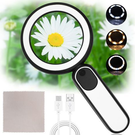 10X Magnifying Glass, 21 LED Illuminated Reading Magnifier, USB Rechargeable with 3 Modes for Elderly, Children, Reading, Jewelry, Seniors, Visually Impaired, Observation and Crafts (1/5)