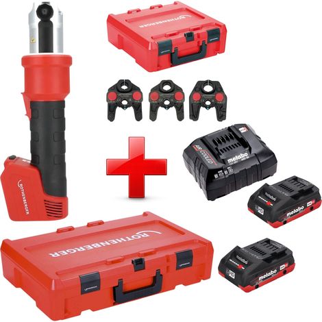 Pressatrice a batteria Rothenberger ROMAX NANO 18 V 34 kN CAS + 2x batteria LiHD 4,0 Ah + caricabatteria + set di 3 ganasce di pressatura TH + Rocase