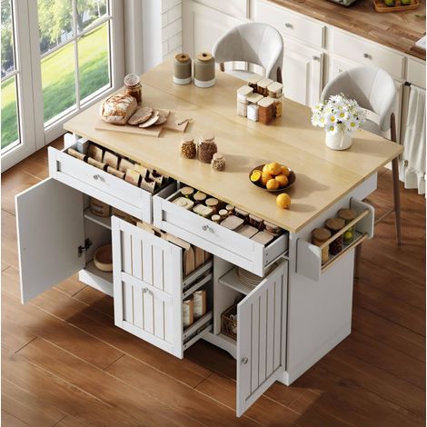 Isla de cocina 120/70(45) x 92 cm en MDF Natural+White con tablero abatible y ruedas con freno (1/5)