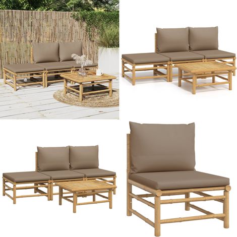 Set de muebles de jardín 4 piezas bambú y cojines gris taupe - Muebles de exterior - Sofás de jardín