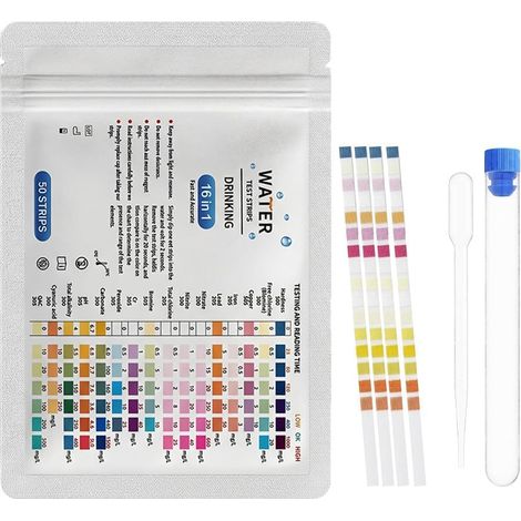 Lot de 50 Bandelettes de Test d'Eau Potable 16 en 1, Analyse de La Qualité de l'Eau du Robinet, Kits de Test d'eau pour l'eau Potable, Analyse PH, Plomb, Chlore, Dureté Totale pour Fontaines Puits (1/5)