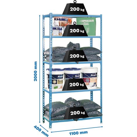 SimonRack Scaffale Portaoggetti, 2000x1100x400 mm, 5 Ripiani, Portata 200 kg per Ripiano, Metallo, Scaffale da Garage, Blu/Bianco – Simonclick