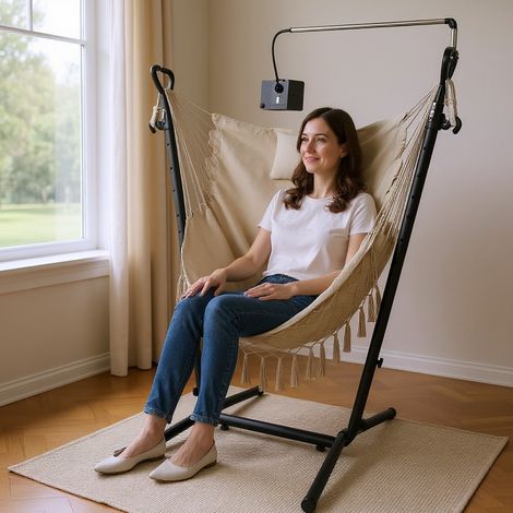 Hamac sur Pied avec Support en Métal et Porte-Téléphone Charge 250KG Hamac de Jardin avec Oreiller et Poche Latérale Beige (1/2)