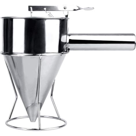 Grande dispenser a imbuto in acciaio inox per pastella per pancake e torte, con supporto. (1/5)
