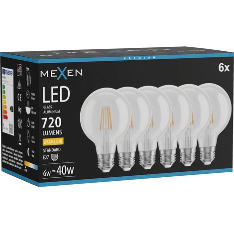Mexen Vintis 6x Ampoule à filament LED E27, G80, 6W, Chaude - 2700K, 720 lm, claire - L155-E27-0627-00x06 (1/5)