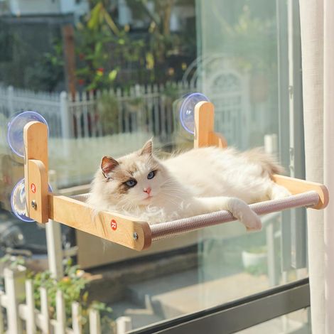 Perchoir de fenêtre pour chat avec cadre en bois - Hamac lit pliable  pour chat d'intérieur - Housse en maille sandwich respirante - Ventouses puissantes - Sans perçage - Supporte les grands (1/5)