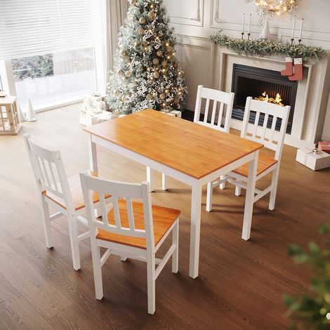 ELEGANT Solid Wooden Dining Table and 4 Chairs Dining Kitchen Furniture - Honey, Natural Pine (1/5)