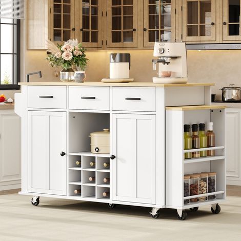 Îlot de cuisine mobile avec plan de travail extensible, desserte avec rangements, tiroirs, porte-bouteilles, prise USB,blanc/chêne (1/5)