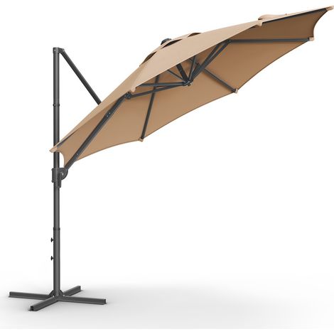SONGMICS Parasol de Jardin 300 cm, UPF 50+, Parasol d’Extérieur, Parasol de Terrasse, Pivotant à 360°, Inclinaison Fluide, Manivelle, avec Base en Croix, Marron Camel (1/5)