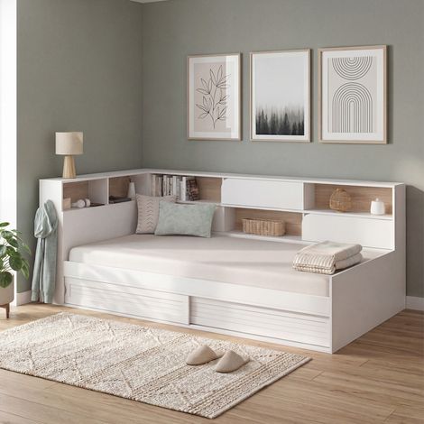 Cama individual TIMOTHEE con espacio de almacenamiento, cabecero con huecos y somier de 90 x 190 cm, en blanco y haya (1/5)