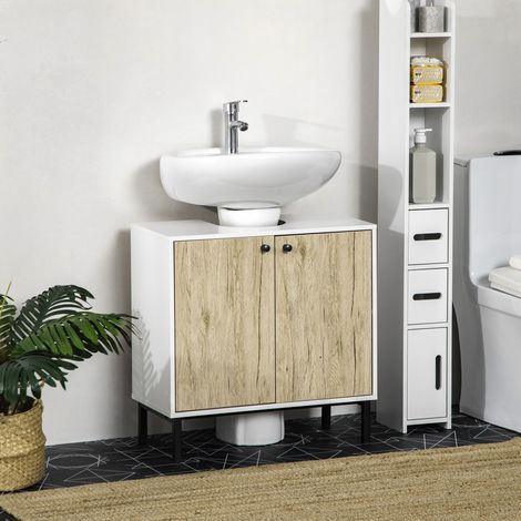 Meuble sous lavabo moderne piètement en métal double porte 60 x 30 x 60 cm - blanc et couleur bois