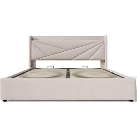 Doppelbett mit Bettkasten 180x200 cm Beige aus Leinen mit USB- und USB-C-Anschluss (1/5)