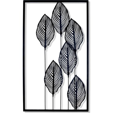 Metall Wandbild BLÄTTER in schwarz - 60 x 35 cm - Deko Bild zum Aufhängen - Wand Schmuck Bild modern hängend