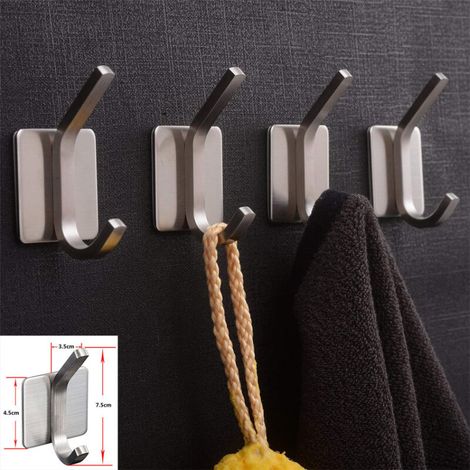 Lot de 4 crochets muraux auto-adhésifs en acier inoxydable brossé pour serviette – DELKEVIC