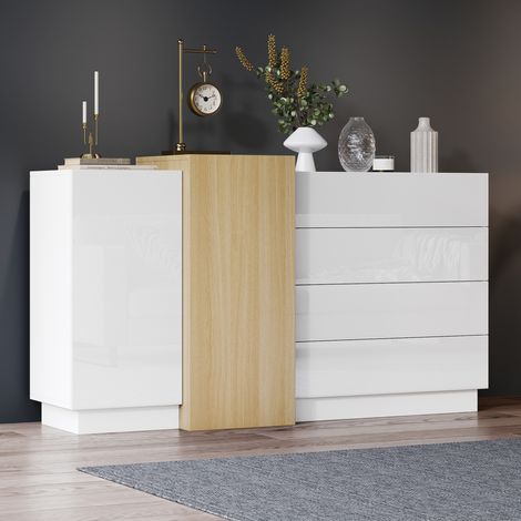 Buffet 140x35x76.5 cm blanc brillant en MDF avec 4 tiroirs, 2 portes, ouverture push et décor bois (1/5)